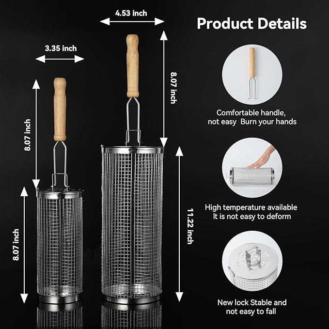 Rolling Grill Baskets 2PCS, 304 Stainless Steel Grill Basket with Removable Wooden Handle, Portable BBQ Grilling Basket for Fish Vegetables Shrimp, Outdoor Barbecue Accessories - Ideal Gifts for Men Dad Husband