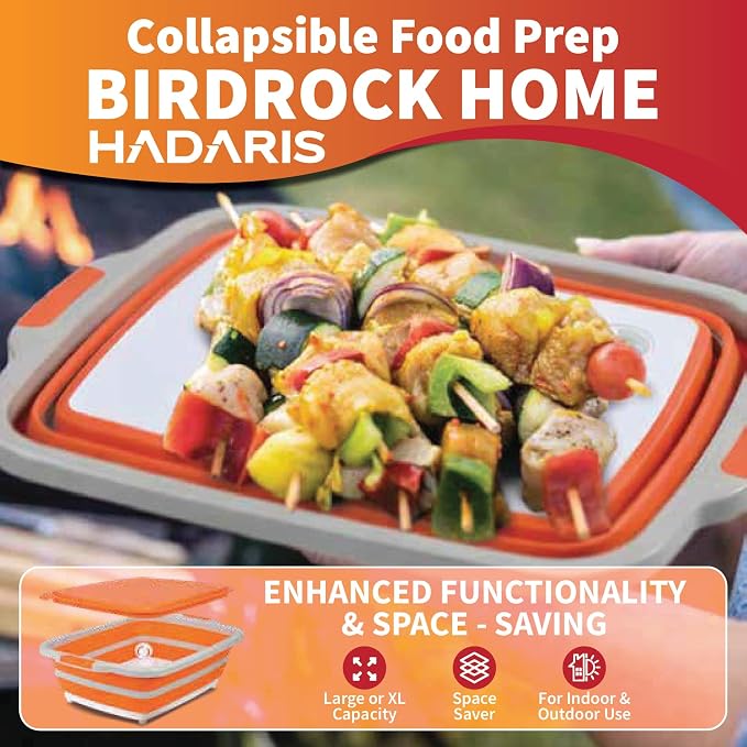 Collapsible BBQ Prep Tub with Cutting Board Lid (8L) - Extra Large Meat Marinating Container & Marinade Tray for Grilling, Smoker, Brisket - Portable Camping Food Prep Station (Gray)
