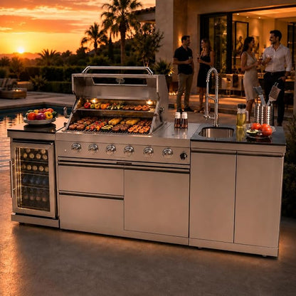 98" Outdoor Kitchen Island with 6-Burner Propane Grill, 72,000 BTU Stainless Steel BBQ Station with Refrigerator, Sink, Side & Rear Burners, Rotisserie, Granite Countertop and Storage, Silver