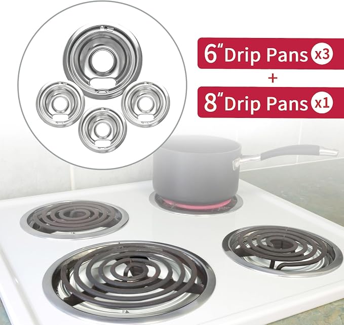 COZZIVITAW10196405 W10196406 Stove Burner Drip Pans for Electric Stove Top-Compatible with Whirlpool Electric Range-Thickening to Prevent Bent-Set of 4 Chrome Drip Pans, Silver
