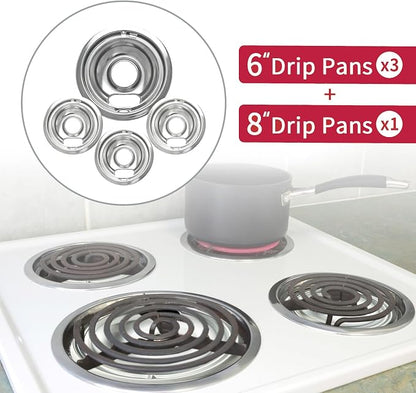 COZZIVITAW10196405 W10196406 Stove Burner Drip Pans for Electric Stove Top-Compatible with Whirlpool Electric Range-Thickening to Prevent Bent-Set of 4 Chrome Drip Pans, Silver