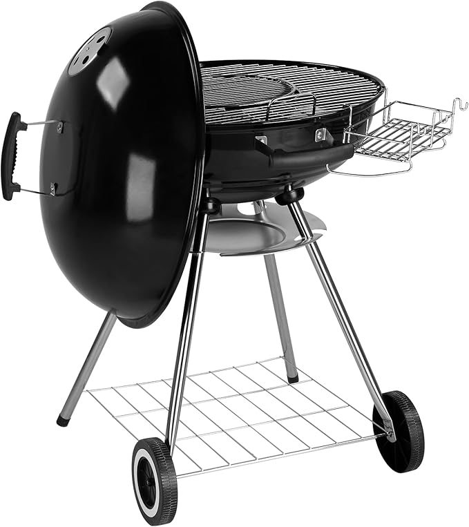 28-Inch Portable Charcoal Grill with Wheels and Storage Holder, Porcelain-Enameled Lid and Ash Catcher & Thermometer, Round Barbecue Kettle Grill Bowl Wheels for Outdoor Party Camping Picnic