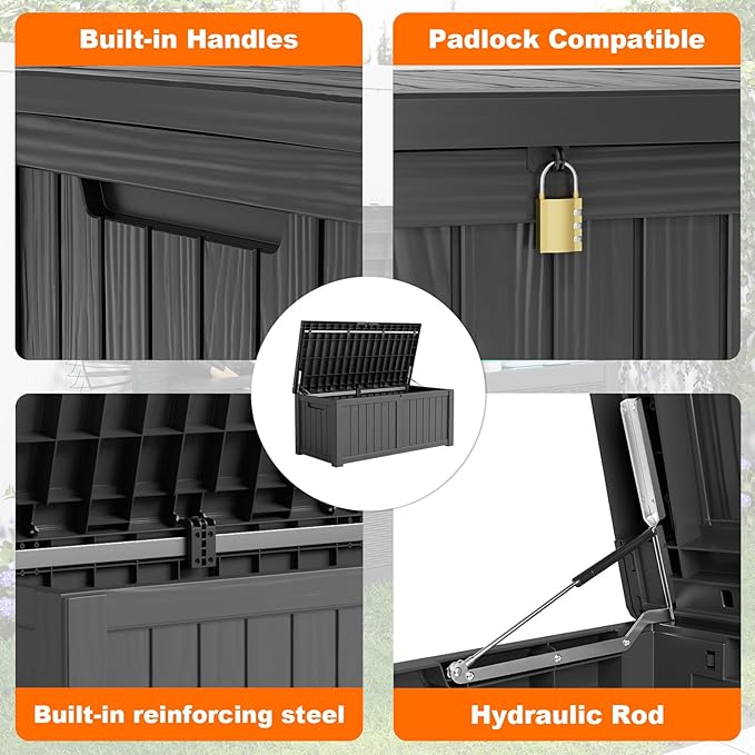 PatioZen 150 Gallon Deck Box,Resin Outdoor Storage Box with Lockable for Patio Furniture, Pool Tools, Garden Tools Waterproof Outside Storage Box, Black