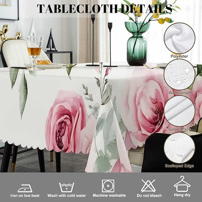 Swono Rose Table Cloth Rectangle Tables Watercolor Pink Flowers Rose Leaves Kitchen Table Cover Oblong 52"X70" Tablecloth for Dining Table Buffet Parties Patio and Camping