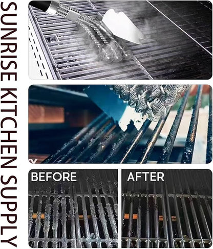 SUNRISE High Grade Stainless Steel BBQ Grill Brush with Scraper, Bristle Free, Extra Strong 3 Rows Brush Head, Bristle Free Design