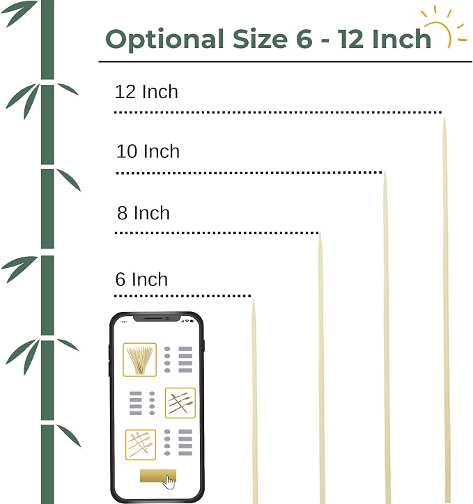 6" Bamboo Skewers (200PCS) for Grilling, Shish Kabobs, Wooden Sticks Φ=3mm | Perfect for BBQ, Appetizers, Fruits, Cocktail Picks, Chocolate Fountains, Food Skewers & Crafting. More Sizes 6"/8"/10"/12"