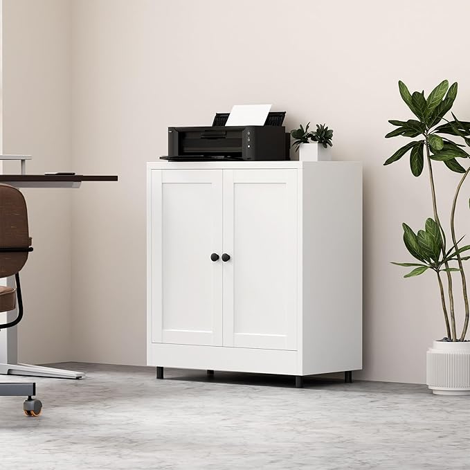 Metal Storage Cabinet with 2 Doors and Adjustable Shelf, Steel Sideboard Buffet Cabinet for Home Office Hallway Entryway Kitchen Living Dining Room (White)