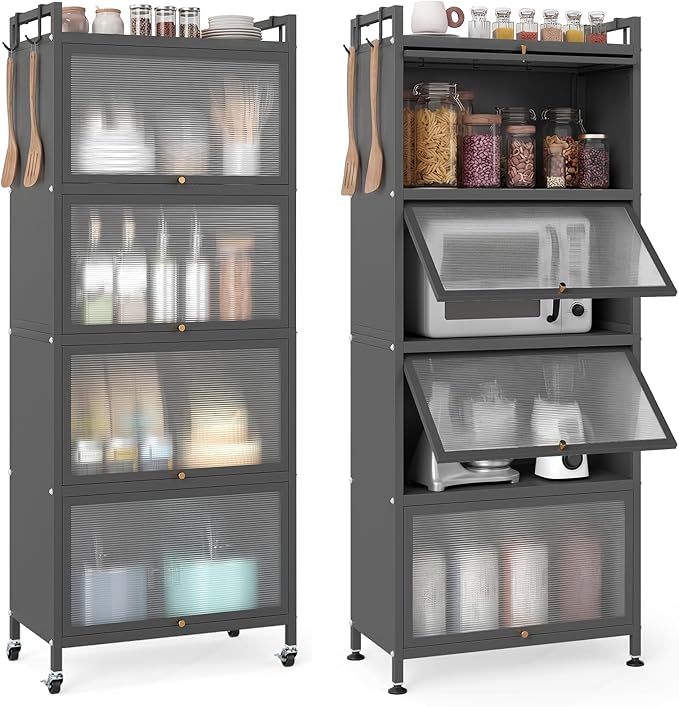 Giantex 5-Tier Kitchen Storage Cabinet, Mobile Microwave Stand with Flip-up PC Doors, Freestanding Kitchen Bakers Rack with 4 Rolling Casters, for Dining Room, Living Room and Study, Grey
