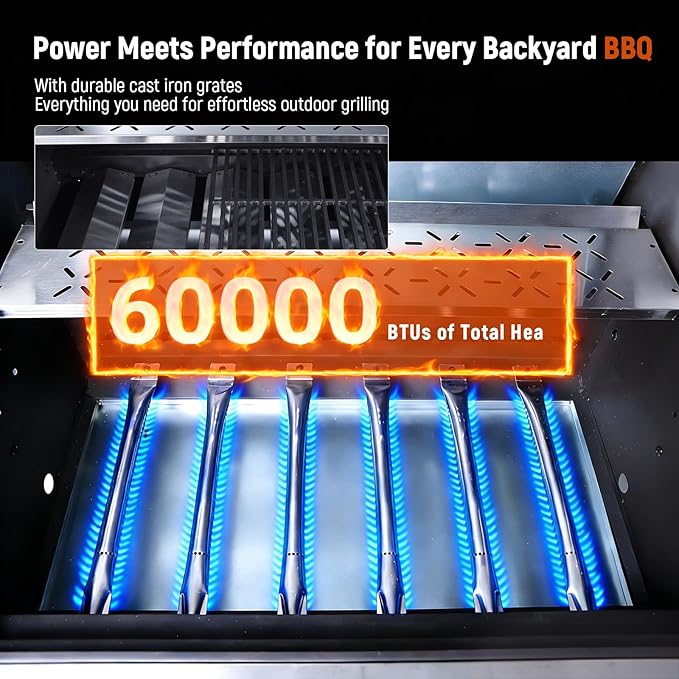 Redlife 6 Burner Propane Gas Grill, 60,000 BTU Outdoor BBQ Grill with Cast Iron Cooking Grates, Stainless Steel Warming Rack, Built-in Thermometer, Electronic Ignition, Side Shelves, Storage Cabinet