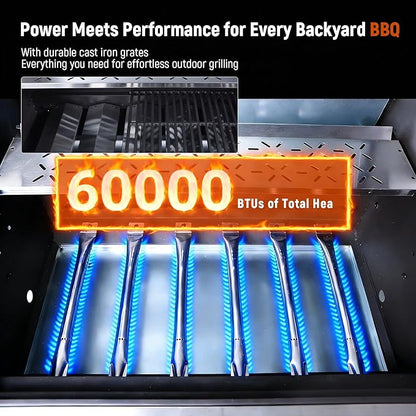 Redlife 6 Burner Propane Gas Grill, 60,000 BTU Outdoor BBQ Grill with Cast Iron Cooking Grates, Stainless Steel Warming Rack, Built-in Thermometer, Electronic Ignition, Side Shelves, Storage Cabinet
