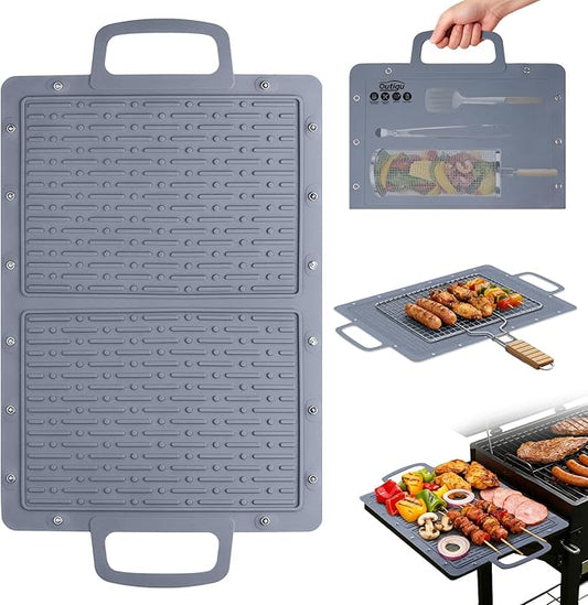 Portable Silicone Grill Mat, Heat Resistant Grill Side Shelf Mats for Food, Foldable Griddle Tools Mat with Drip Pad & Snap Buttons, Non Slip Griddle Accessories Storage Bag for Outdoor Cooking