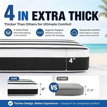 Chaise Lounge Cushion for Outdoor Furniture, Waterproof, Fade-Resistant and Tear Resistant, Patio Lounger Pads with Removable Cover for Pool, Deck, Lawn, 72x21x4 Inch, Black & White Stripe