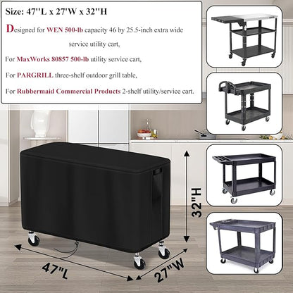 Patio Table Cover for Outdoor Grill Cart, 47-inch Waterproof Rolling Utility Service Cart Cover Stainless Steel Pizza Oven Table Covers - 47"L×27"W×32"H, Black