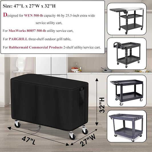 Patio Table Cover for Outdoor Grill Cart, 47-inch Waterproof Rolling Utility Service Cart Cover Stainless Steel Pizza Oven Table Covers - 47"L×27"W×32"H, Black