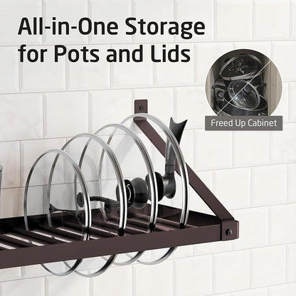 KES 75lb High-Capacity Oil Bronze Pot Rack Wall Mounted with Pot Lid Holder | 34 Inch Heavy-Duty Pots and Pans Hanging Rack with 20 Hooks, Drilling Template Provided for Easy Install