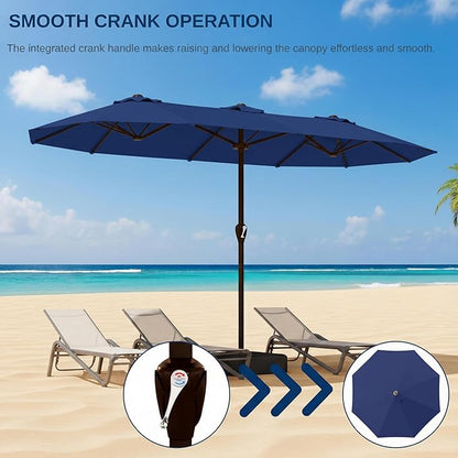 15FT Large Patio Umbrella with Base, Double Sided Rectangular Outdoor Umbrella with Sturdy Fiberglass Ribs, UPF 50+ Sun Protection, Wind-Resistant, Waterproof Fade-Resistant Fabric for Pool, Garden, Backyard, Deck(Navy)