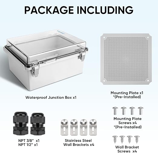 TICONN Outdoor Electrical Box Waterproof, Junction Box IP67 ABS Plastic Enclosure with Hinged Cover with Mounting Plate, Wall Brackets, Cable Glands (Clear, 11.8"x11.8"x7.1")
