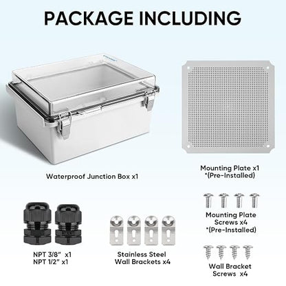 TICONN Outdoor Electrical Box Waterproof, Junction Box IP67 ABS Plastic Enclosure with Hinged Cover with Mounting Plate, Wall Brackets, Cable Glands (Clear, 11.8"x11.8"x7.1")