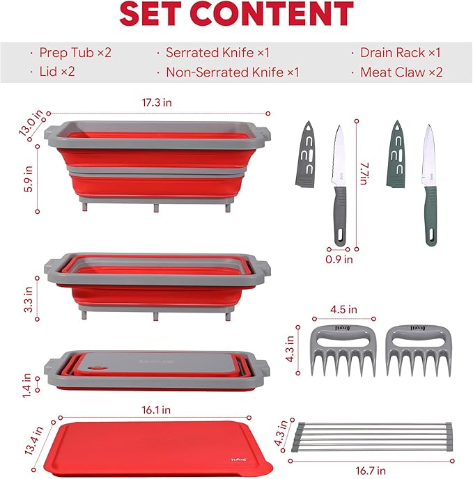 FEASTO Collapsible BBQ Prep Tubs with Cutting Board, 9-IN-1, 2 Tubs Portable Grill Prep Station with Side Brackets, Lids, Knives, Meat Claws and Drain Rack, Space-Saving for Kitchen & Camping, Red