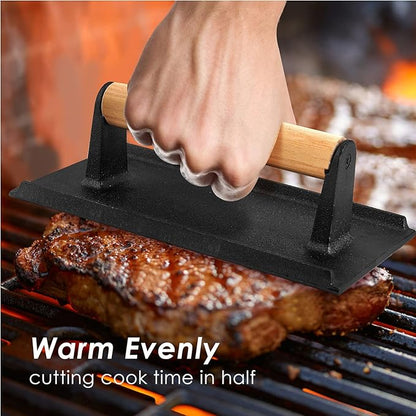 HaSteeL Bacon Hamburger Press for Griddle Flat Top Teppanyaki, Pre Seasoned 8 x 4In Cast Iron Grill Weight with Wooden Handle, Perfect for BBQ Steaks Pannis Sandwiches Meats - 1Pk