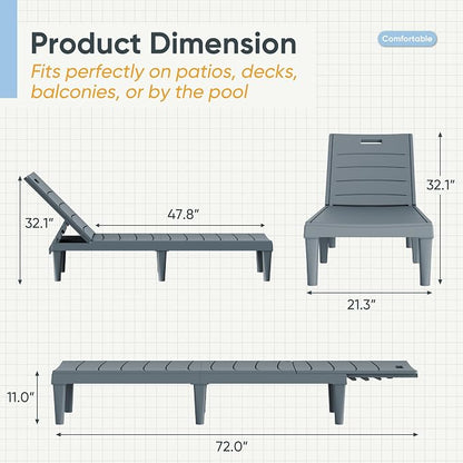 Greesum 2-Pack Adjustable Chaise Lounges, Grey | 5-Pos Recline, Waterproof PP, UV-Resist, Easy-Clean, for Pool/Patio/Beach, Tool-Free