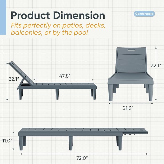 Greesum 4-Pack Adjustable Chaise Lounges, Grey | 5-Pos Recline, Waterproof PP, UV-Resist, Easy-Clean, for Pool/Patio/Beach, Tool-Free