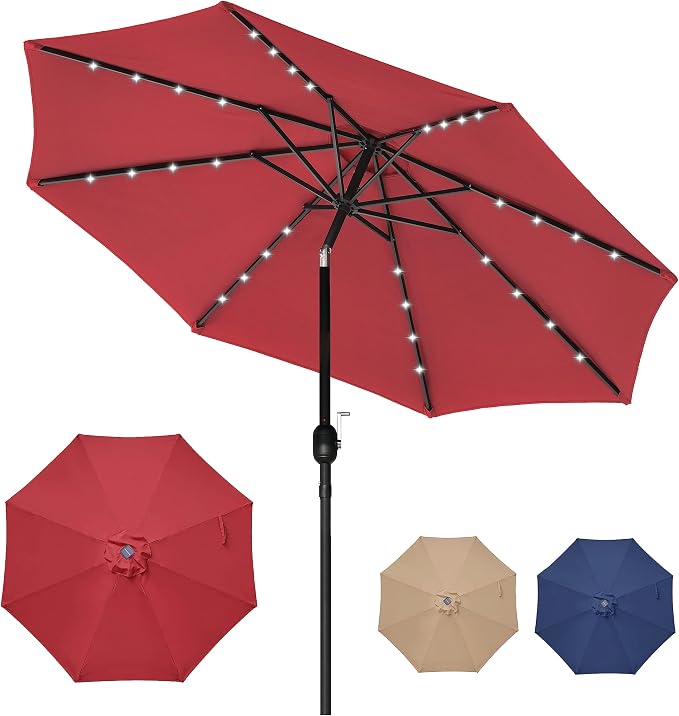 YSSOA 9' Solar Umbrella 32 LED Lighted Patio Umbrella Table Market Umbrellas with Push Button Tilt/Crank Outdoor for Garden, Deck, Backyard and Pool, Red