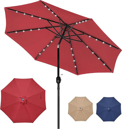 YSSOA 9' Solar Umbrella 32 LED Lighted Patio Umbrella Table Market Umbrellas with Push Button Tilt/Crank Outdoor for Garden, Deck, Backyard and Pool, Red