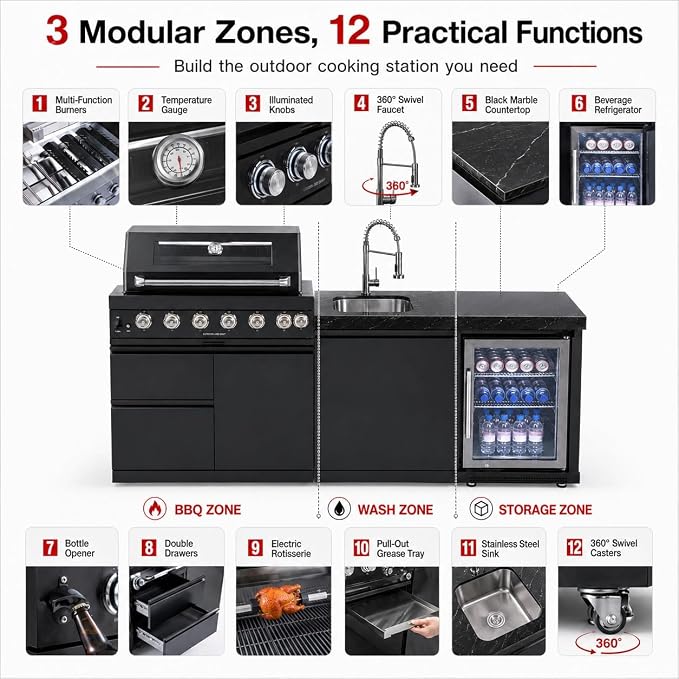 82-Inch Outdoor Kitchen Island, 6-Burner 85,000 BTU Modular Propane Gas Stainless Steel BBQ Grill with Refrigerator, Rotisserie Kit, Stainless Steel Countertop, Storage Cabinets & Drawers, Black