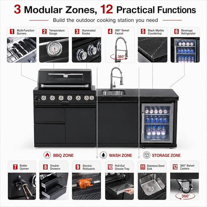 82-Inch Outdoor Kitchen Island, 6-Burner 85,000 BTU Modular Propane Gas Stainless Steel BBQ Grill with Refrigerator, Rotisserie Kit, Stainless Steel Countertop, Storage Cabinets & Drawers, Black