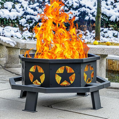 Panovue 35 inch Fire Pit for Outside, Heavy Duty Wood Burning Fire Pits with Fire Poker, Outdoor Octagonal Firepit for Camping, Yard, Patio