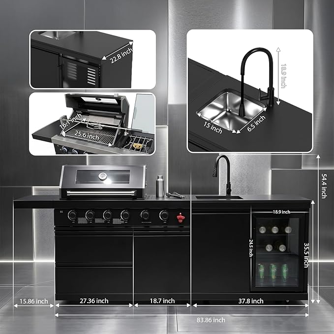 84 Inch Outdoor Kitchen Island Grill, 6 Burner 75300 BTU Stainless Steel Propane Gas Grill Island with Sink and Refrigerator, Modular BBQ Barbecue Island with Granite Countertop and Rotisserie Kit