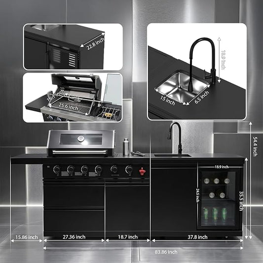84 Inch Outdoor Kitchen Island Grill, 6 Burner 75300 BTU Stainless Steel Propane Gas Grill Island with Sink and Refrigerator, Modular BBQ Barbecue Island with Granite Countertop and Rotisserie Kit