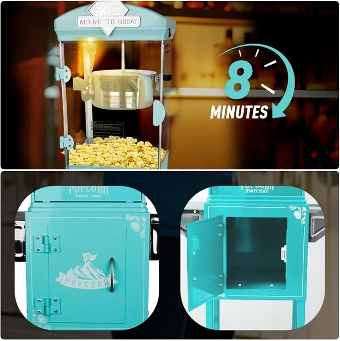 10 Oz Popcorn Machine with Cart, Mobile Popcorn Maker for 64 Cups per Batch, Nostalgia Professional Cart with Simple One-Touch & 3 Spoons, Movie Night Supplies for Home, Cyan