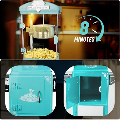 10 Oz Popcorn Machine with Cart, Mobile Popcorn Maker for 64 Cups per Batch, Nostalgia Professional Cart with Simple One-Touch & 3 Spoons, Movie Night Supplies for Home, Cyan