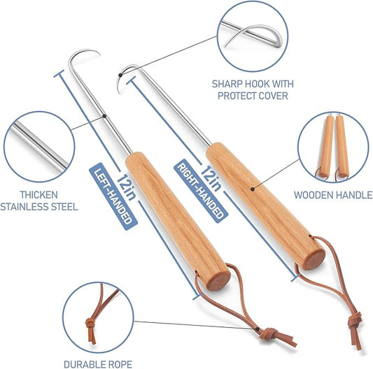 Pigtail Food Flipper 2Pcs, HaSteeL 12Inch Meat Turner Hook, Stainless Steel Pig Tail Flipper Hook With Wooden Handle, Grill Accessories for BBQ Grilling Griddle Kitchen Cooking - Left & Right Handed