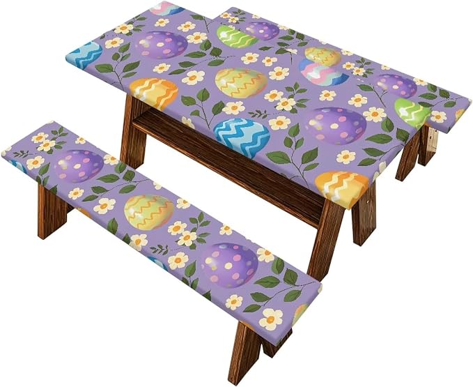 Easter Eggs Picnic Table Cover for Outdoor Camping Easter Eggs Elastic Fitted Table Cloth for Camping Party Supplies 3 PCS Set
