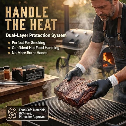 PepperMate BBQ Disposable Gloves with Cotton Liners – 10 Mil Heat Resistant Nitrile Gloves for Grilling, Smoking & Meat Handling – Non-Slip, Heavy Duty, Food Safe (100 Count + 4 Liners) X-Large