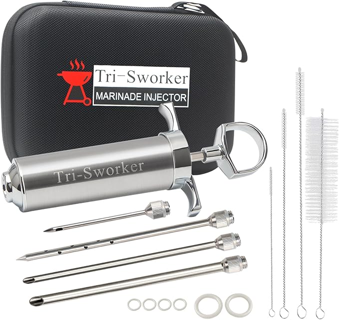 Tri-Sworker Meat Injectors for Smoking with Case and 4 Flavor Food Injector Syringe Needles, Injector Marinades for Meat, Turkey, Brisket; 2-oz; Including Paper and E-Book (PDF) User Manual