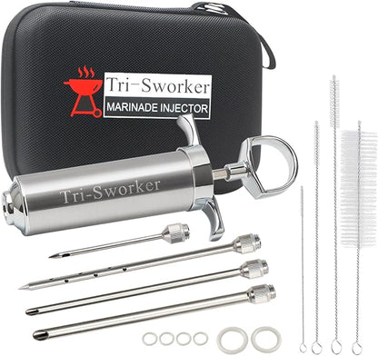 Tri-Sworker Meat Injectors for Smoking with Case and 4 Flavor Food Injector Syringe Needles, Injector Marinades for Meat, Turkey, Brisket; 2-oz; Including Paper and E-Book (PDF) User Manual