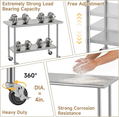 ROCKPOINT All Stainless Steel Prep Table with Caster 24x24 Inch, Commercial Heavy Duty Workbench with Stainless Legs & Adjustable Undershelf, 670 lb Capacity for Outdoor Kitchens with Wheel