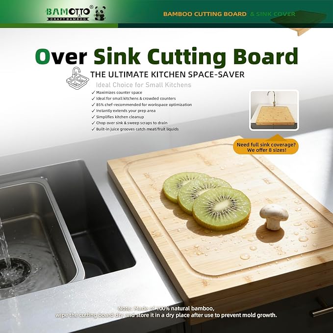 BAMOTTO CRAFTBAMBOO Bamboo Cutting Board for Kitchen 12.6"x17.7", Reversible with Dual Juice Grooves, Detachable Front Lip for Counter & Over-Sink, Large Chopping Board for Bread Meat Vegetables