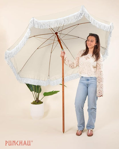 6 Ft Fringe Patio Umbrella - Outdoor Umbrella for Patio, Pool, Table, Garden, Deck, Beach, and Outdoors - Fashionable Boho Vintage Tassels & Wood Print - Push Button Tilt Pole
