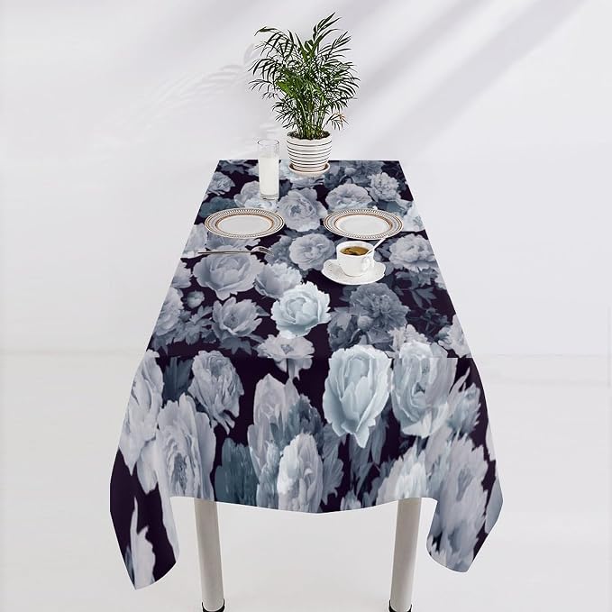 Vintage Florals Tablecloth, Gothic Black Garden Peonies Flowers Rustic Roses Boho Botanical Plant Water Resistant Wipeable Table Cover for Picnic Party Holiday Kitchen Dinner Table 60"x90"