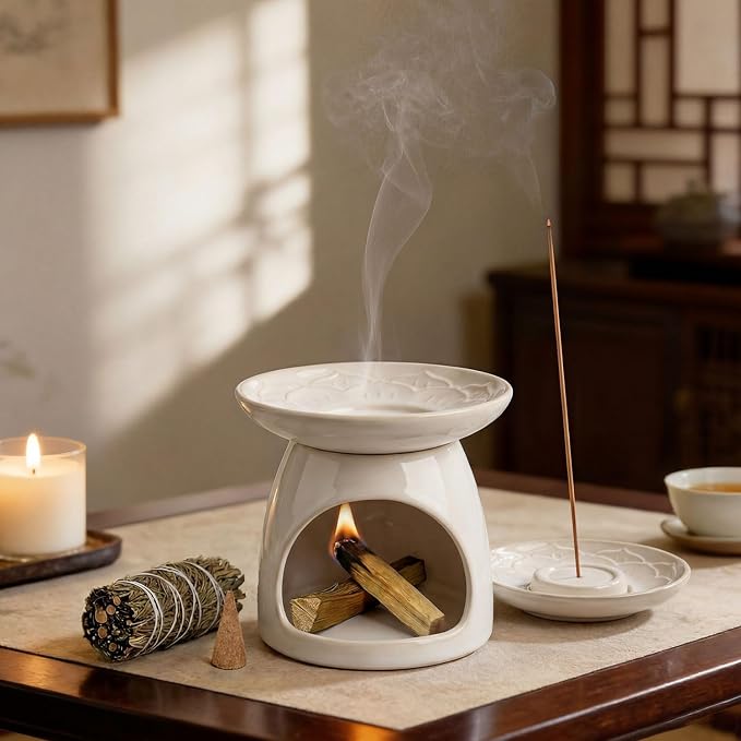 Palo Santo Incense Holder, 3-in-1 Handcrafted Ceramic Sage Burner | Heat-Resistant Palo Santo Chimney Burner for Stick & Cone with Detachable Lotus Stick Tray for Meditation Home Decor Gift