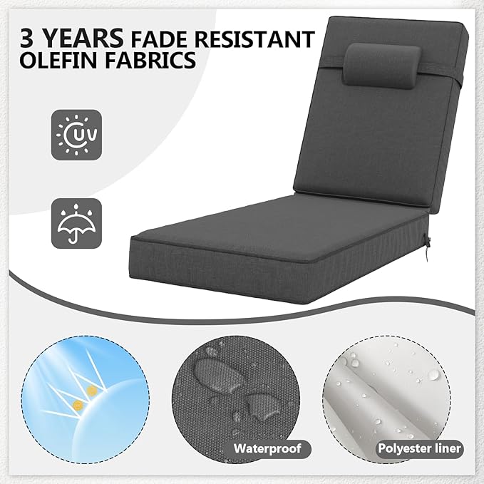 80 x 26 x 4 Inch Olefin Chaise Lounge Cushions, Lounge Chair Cushions with Headrest for Outdoor Furniture - Weather and Fade Resistant Patio Replacement Furniture Lounge Chair Cushion Set of 4
