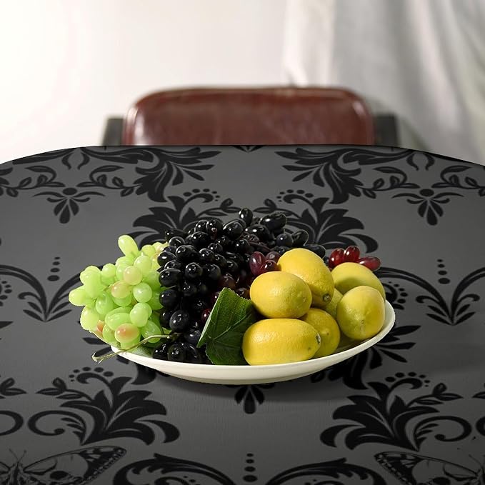 Gothic Black Damask Tablecloth, Vintage Floral Exotic Butterfly Suger Skull Bohemian Antique Table Cloth Water Resistant Table Cover for Farmhouse Party Holiday Kitchen Dinner Table 60x110"