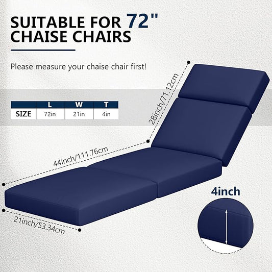 2 Pcs Chaise Lounge Cushions Outdoor, 72 x 21 x 4 Inch Lounge Chair Cushions for Outdoor Furniture - Waterproof Lounge Patio Replacement Cushion, 4In Fade-Resistant ThickPatio Chaise Lounge Cushion