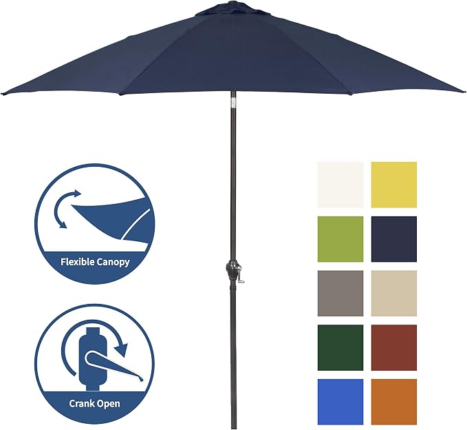 Sunline 9 ft Patio Umbrella with Crank & Push Button Tilt, Outdoor Market Umbrella with UV Protection & Wind Vent and Fiberglass Ribs, Metal Frame for Deck, Pool & Table, Navy Blue