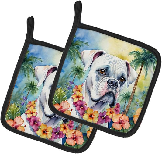 Caroline's Treasures White Boxer Luau Pair of Pot Holders Kitchen Heat Resistant Pot Holders Sets Oven Hot Pads for Cooking Baking BBQ, 7 1/2 x 7 1/2